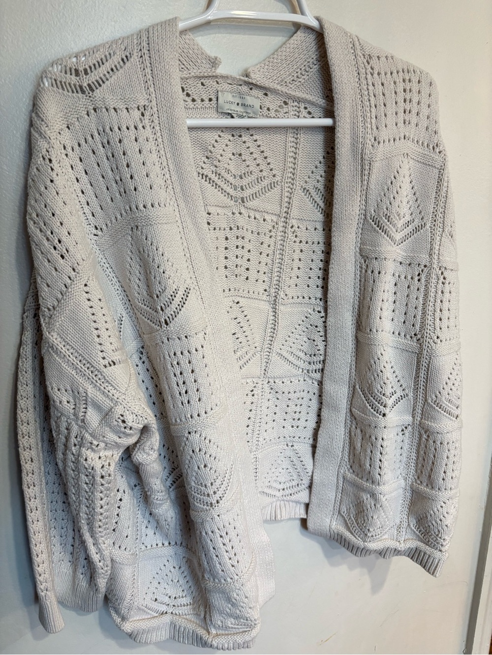 Lucky Brand Open-Front Cream Knit crochet coastal boho Cardigan size large